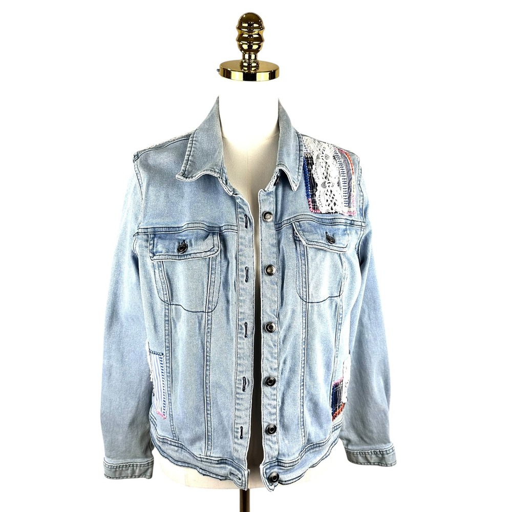Cactus Pearl Denim Distressed Jacket Patchwork Lace Boho Light Wash Blue Medium